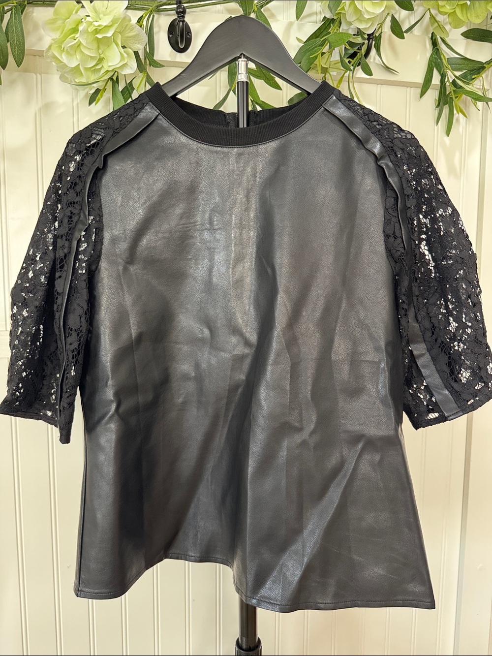 #651 GRACIA Black Vegan Leather Top with Lace Short Sleeves and Zipper Back